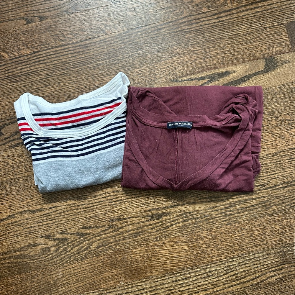 Brandy Melville T-Shirt 2-Pack – Striped & Burgundy V-Neck – Size S, HOT DEAL